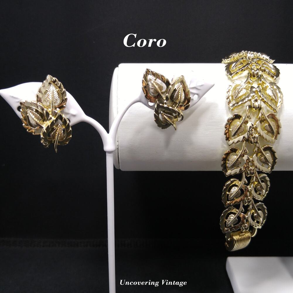 Coro Pegasus Gold Leaf Bracelet Screw-Back Earrings Set, Gold Plated, 1950s